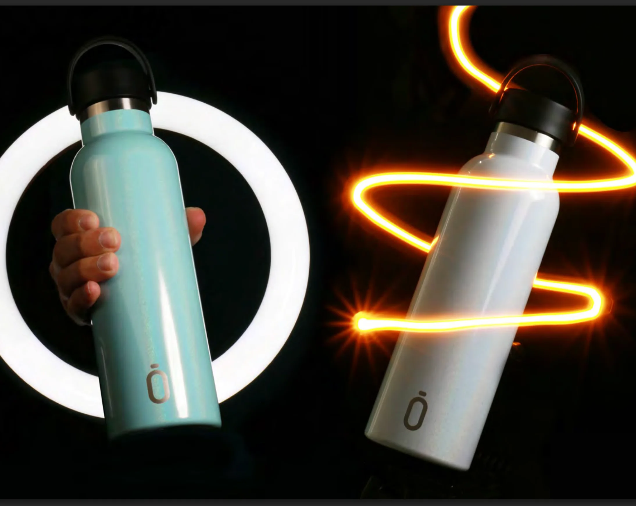 Zwei Runbott Trinkflaschen mit kreativem Lichtspiel – modernes Design und starke Wirkung im Dunkeln