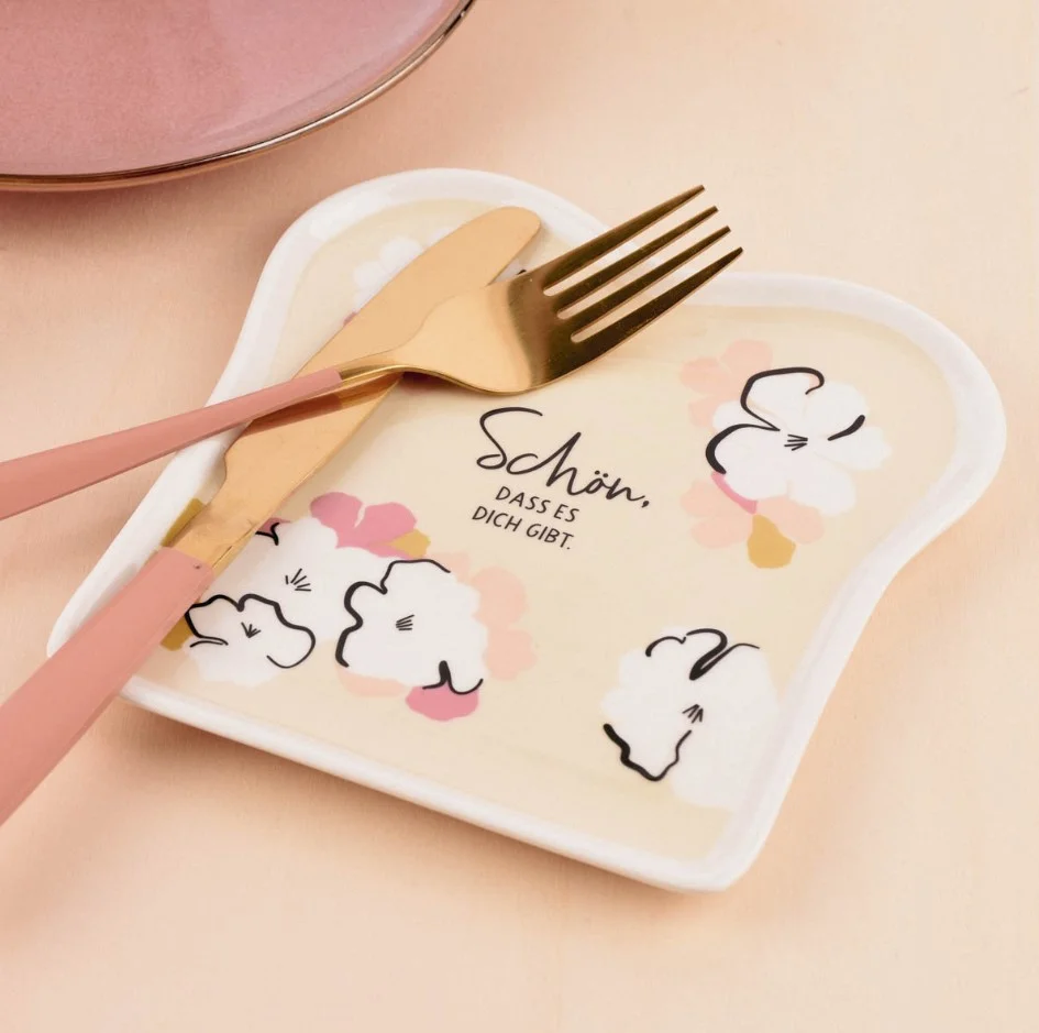 Toastteller mit Aufdruck Schön, dass du da bist als Geschenk