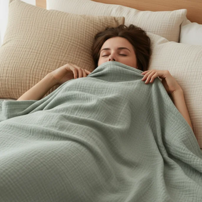 Person liegt entspannt im Bett, zugedeckt mit einer hellgrünen Musselin-Decke. Kopf auf beigen Kissen, Augen geschlossen.