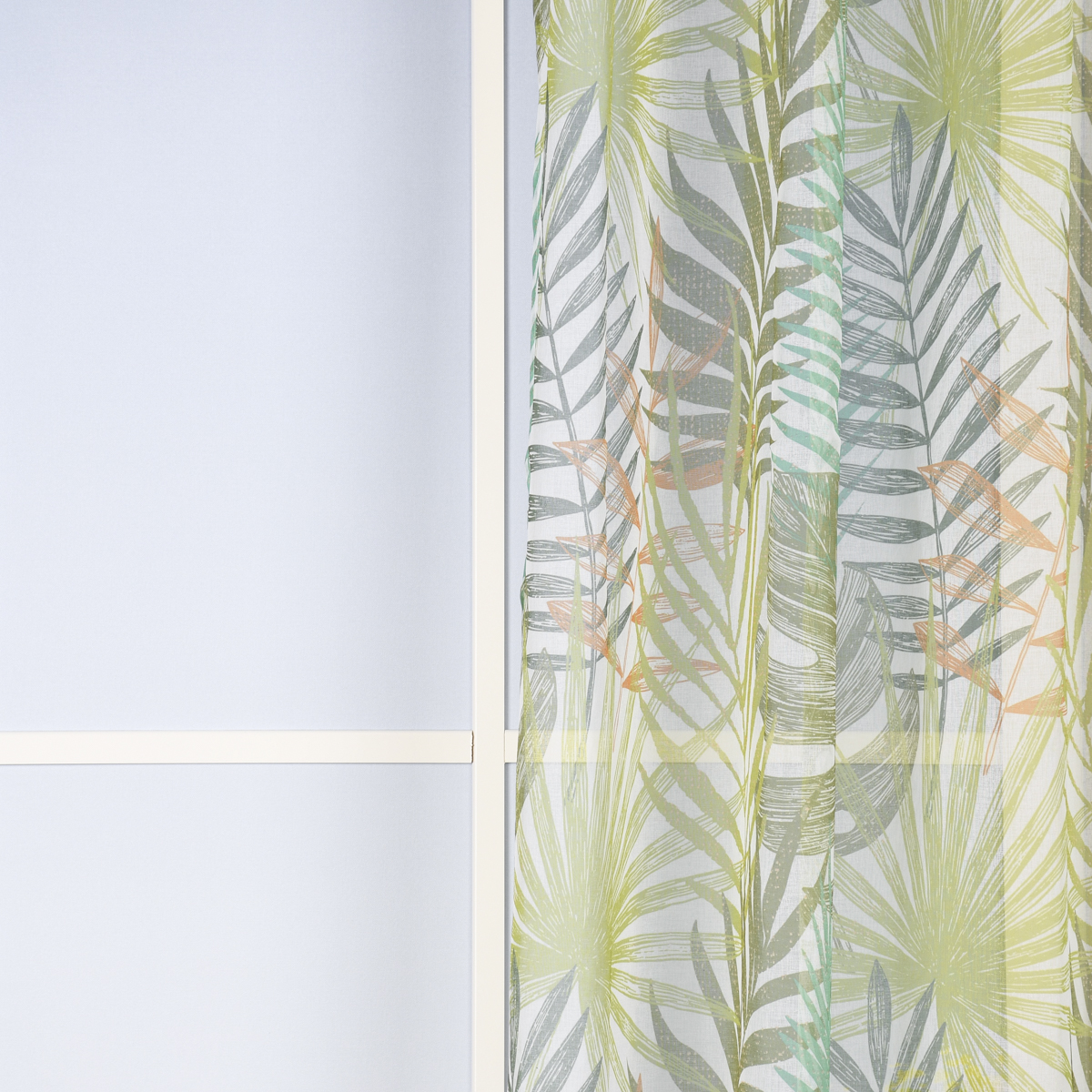 Ösengardine Leinenstruktur bedruckt Palmenblätter weiß grün orange  140x260cm | meine-stoffe.de - Stoffe Meterwaren Nähzubehör kaufen -