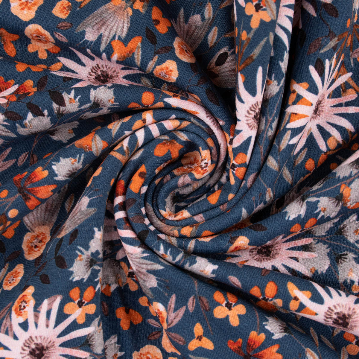 Sweatstoff Digitaldruck Aquarell Blumen Blätter blau grau orange rosa 1,45m  Breite