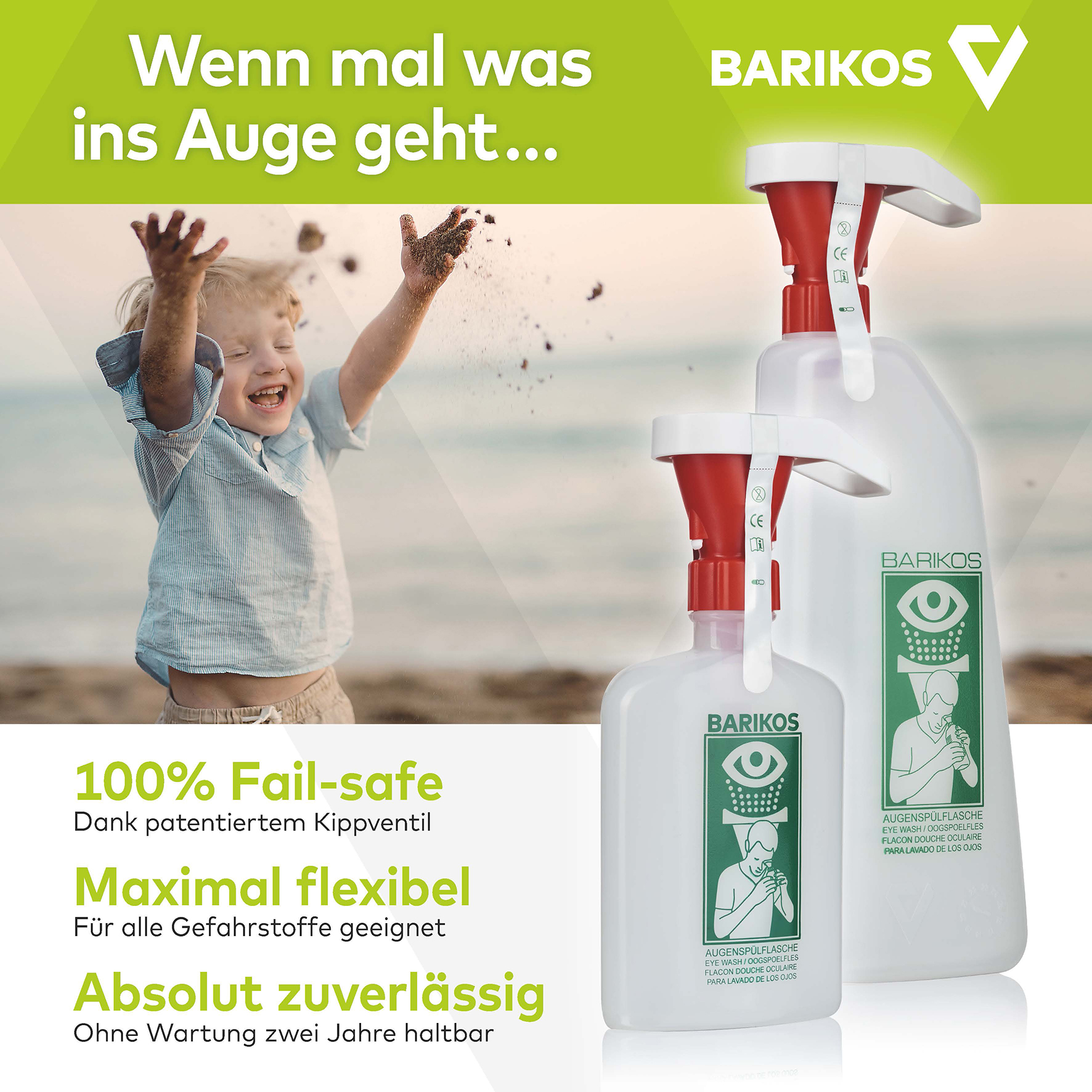 BARIKOS Augenspülflaschen-Set: 2 Augenspülflasche à 620 ml inkl.  Wandbehälter, Erste Hilfe Augendusche