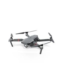 Quadcopter-Drohne mit Gymbel-Kamera in Grau. Mit roten Streifen als Akzente.