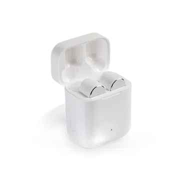 Weiße Bluetooth-In-Ear-Kopfhörer in einem weißen Etui. Die Außenseite der Kopfhörer ist silberfarben und die Ohrmuscheln bestehen aus weißem Gummi.