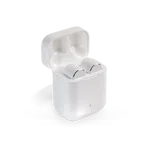 White Bluetooth in-ear headphones in a white case. The outside of the headphones is silver and the earpiece is made of white rubber.