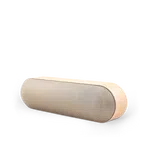 Pill-shaped, cream-colored Bluetooth speaker with fine-mesh speaker grill