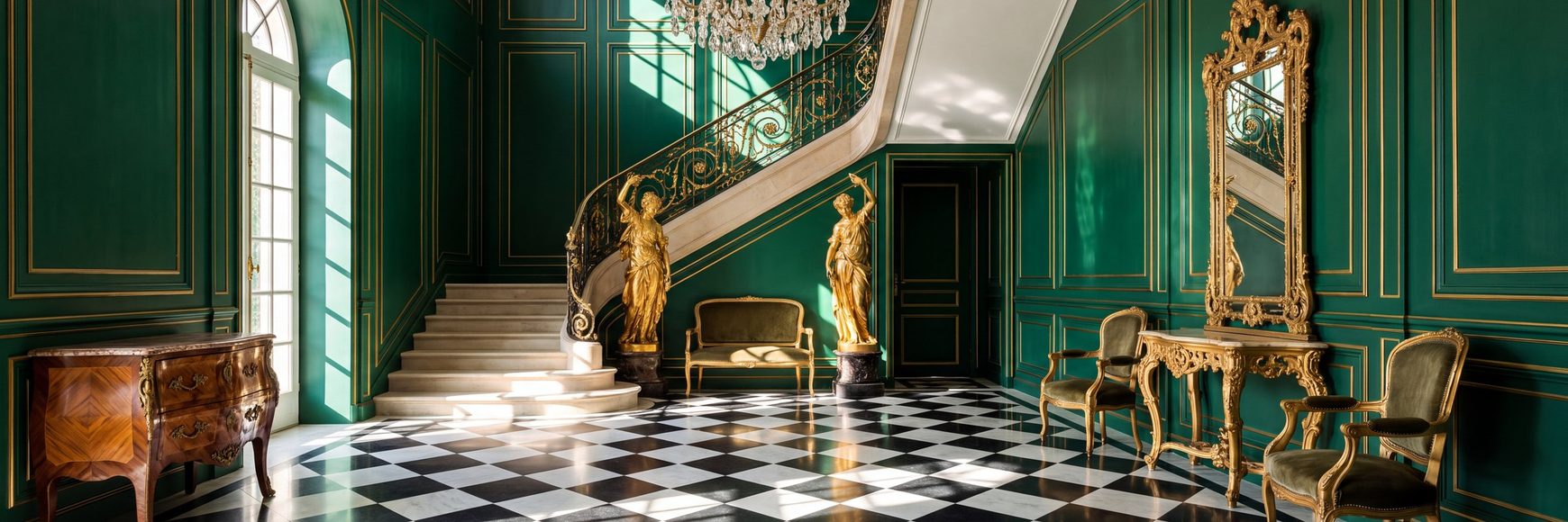 Barock Spiegel von Casa Padrino, goldene Wandspiegel im grünen Entree mit Schachbrettboden