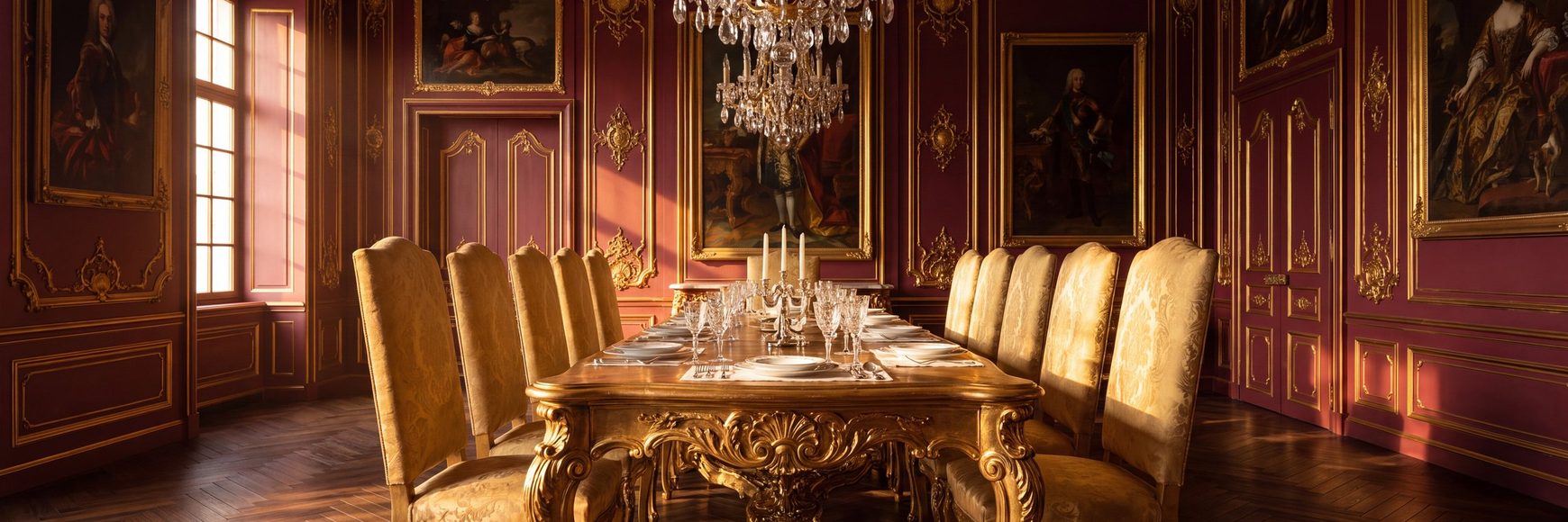 Barock Esszimmer Sets von Casa Padrino, goldener Esstisch mit Stühlen im roten Saal