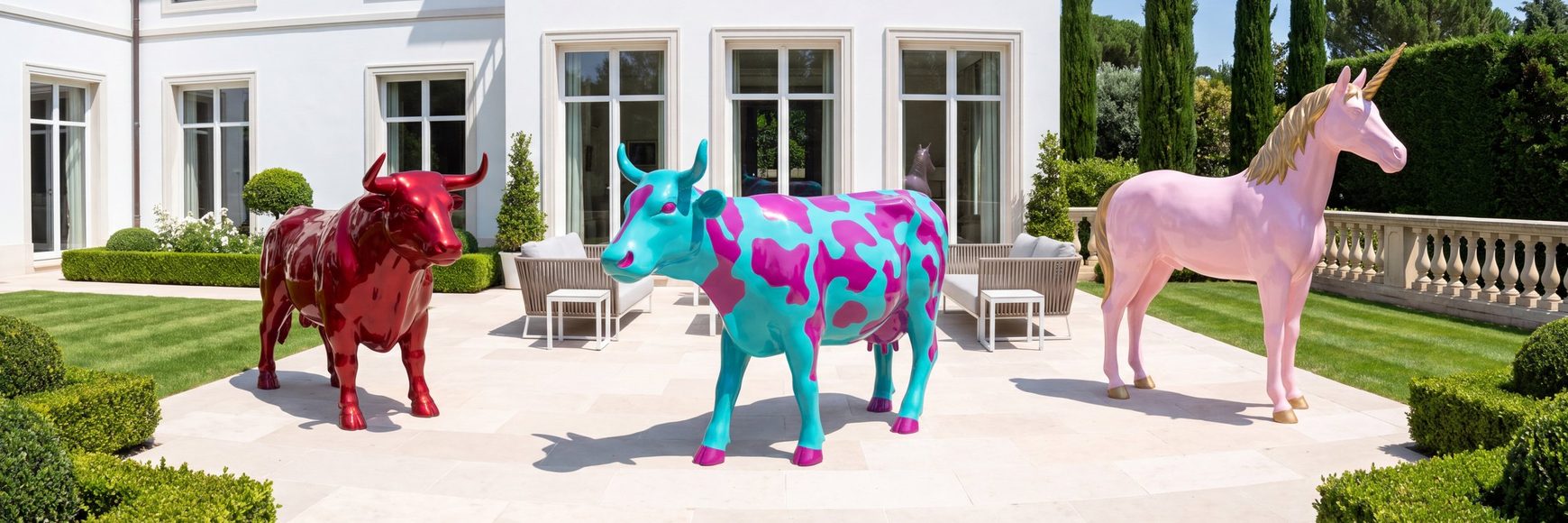 XXL Gartenskulpturen von Casa Padrino aus Kunstharz, bunter Stier, Kuh und Einhorn auf der Terrasse