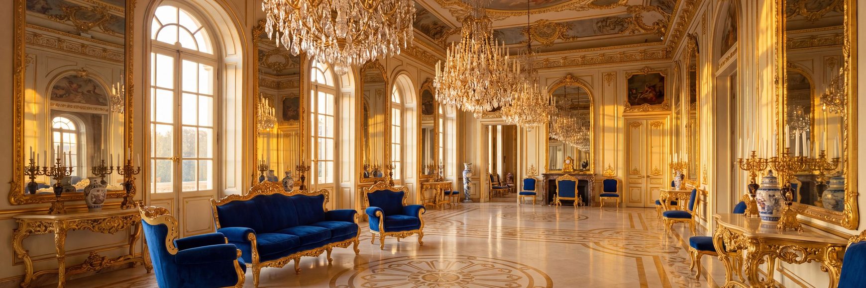 Barock Luxus Möbel von Casa Padrino, blaue Samtgarnitur im goldenen Spiegelsaal