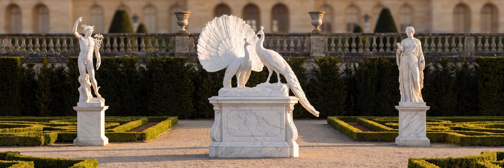 Marmor Skulpturen von Casa Padrino, Pfauenpaar und Figuren im Barockgarten