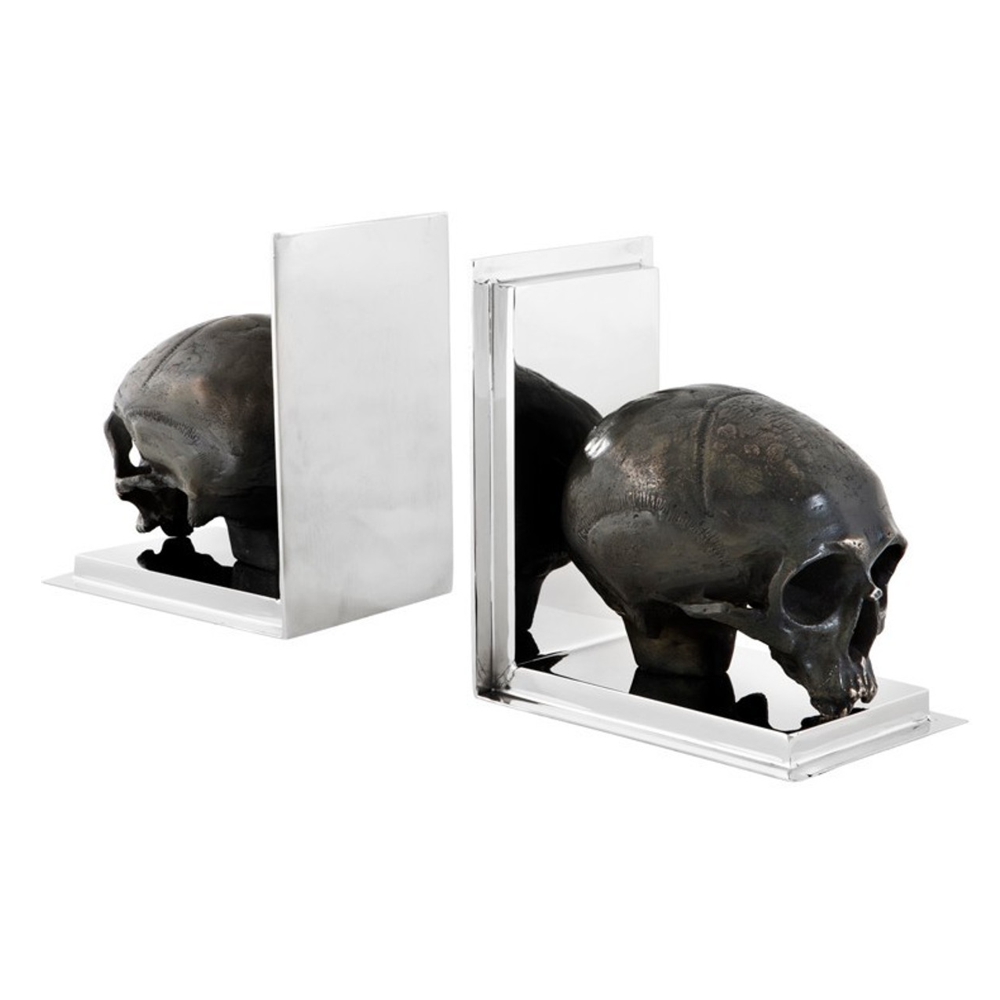 Luxus Bücherstützen Set Totenkopf Skull Messing Bronze vernickelt