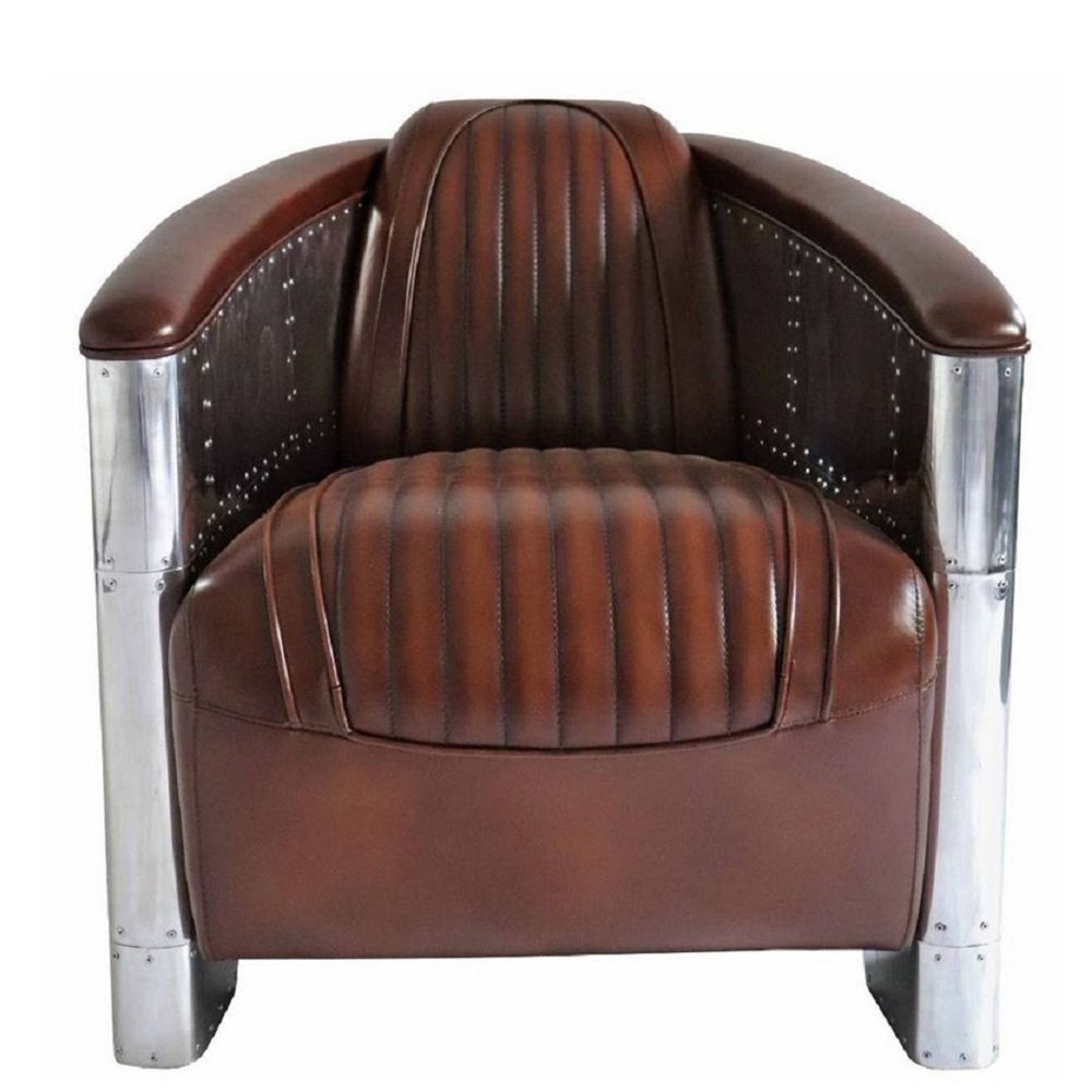 Real leather armchair in aluminum airplane design made of aluminum by Casa Padrino