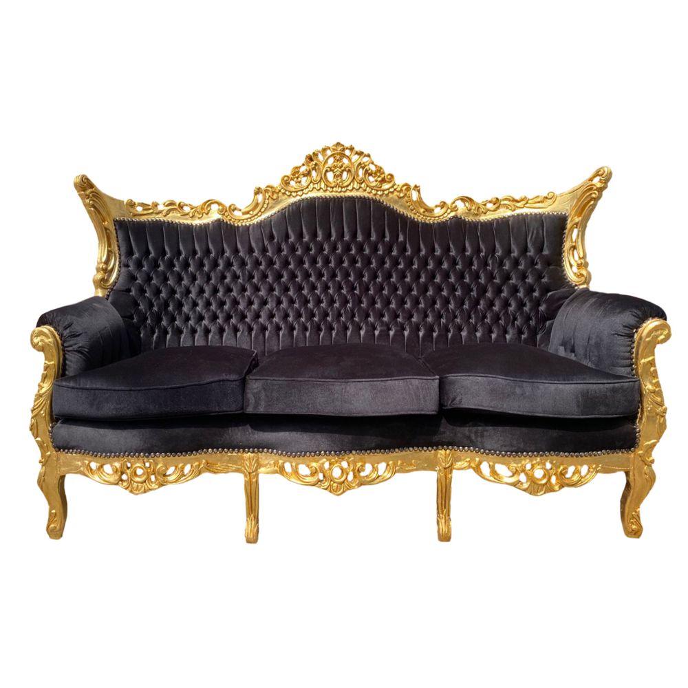 Baroque Antique Style Sofa Black Velvet Gold - Living Room Furniture