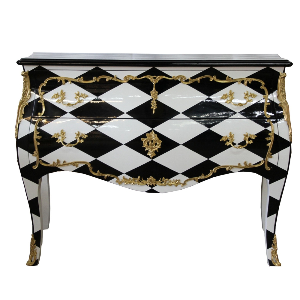 Checkered baroque chest of drawers by Casa Padrino - handmade luxury chest of drawers checkered black white gold
