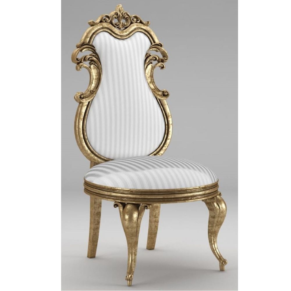 Chaise de salle à manger baroque de luxe avec cadre doré et revêtement à rayures blanches de Casa Padrino fabriqué en Italie - Chaises d'hôtel de luxe de haute qualité