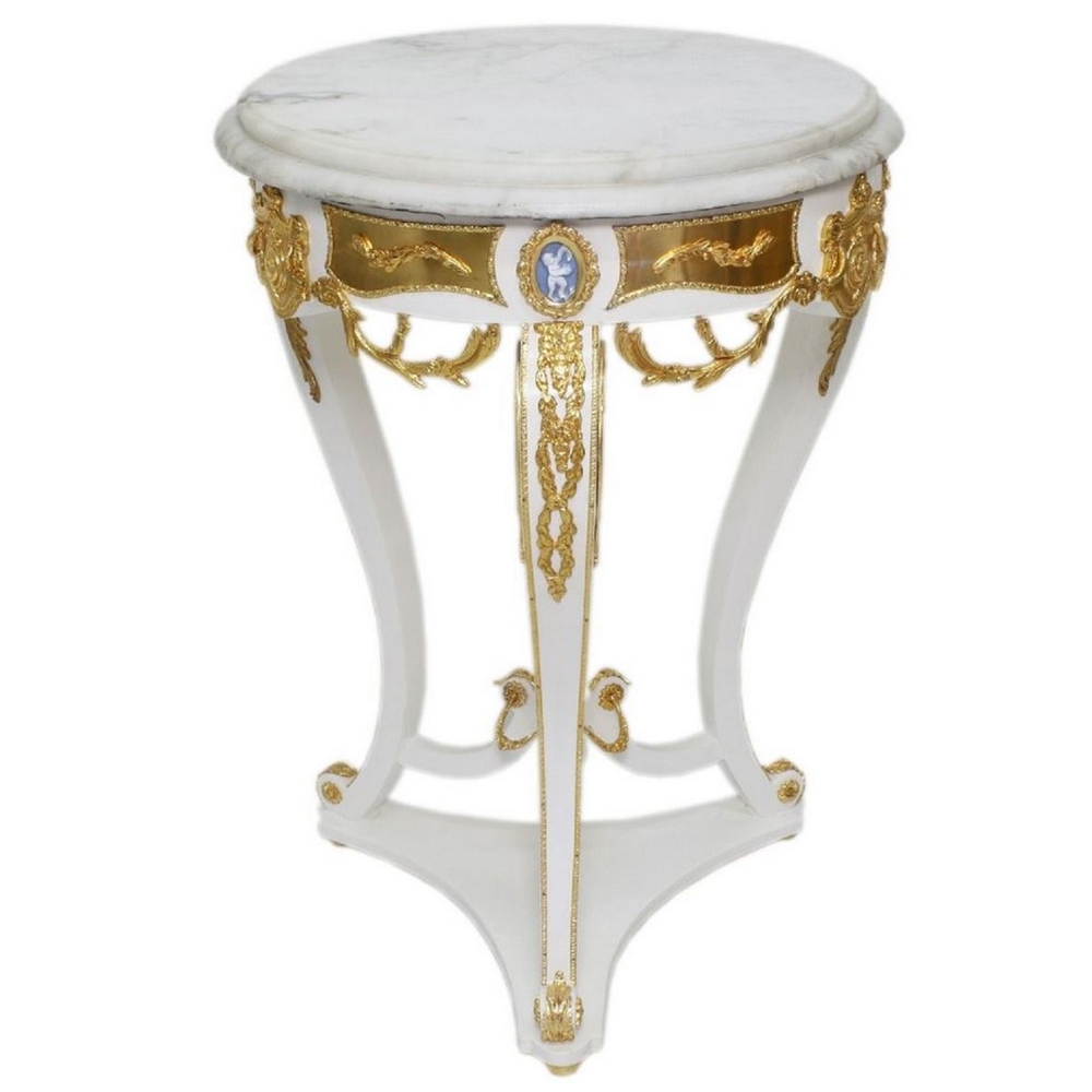 Table d'appoint baroque blanche de style antique avec des décorations dorées de Casa Padrino Italie