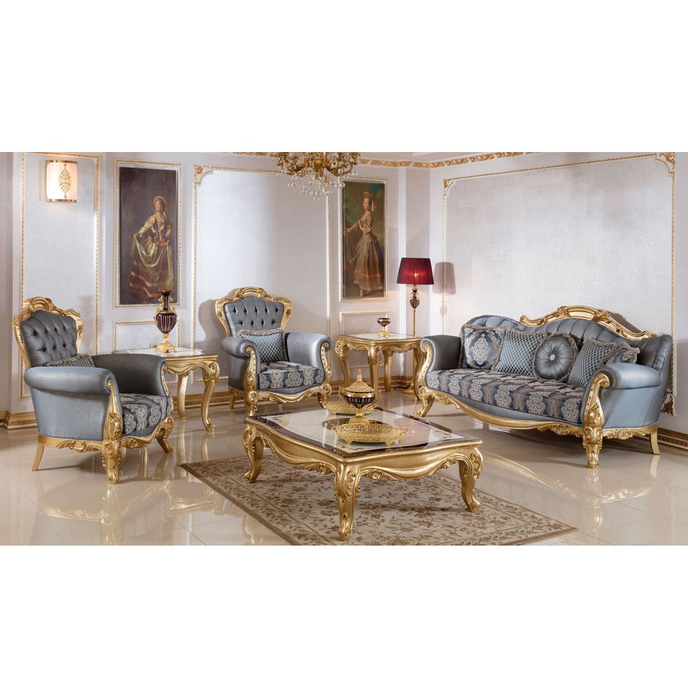 Set divani barocco di lusso modello blu oro arredamento di lusso per hotel