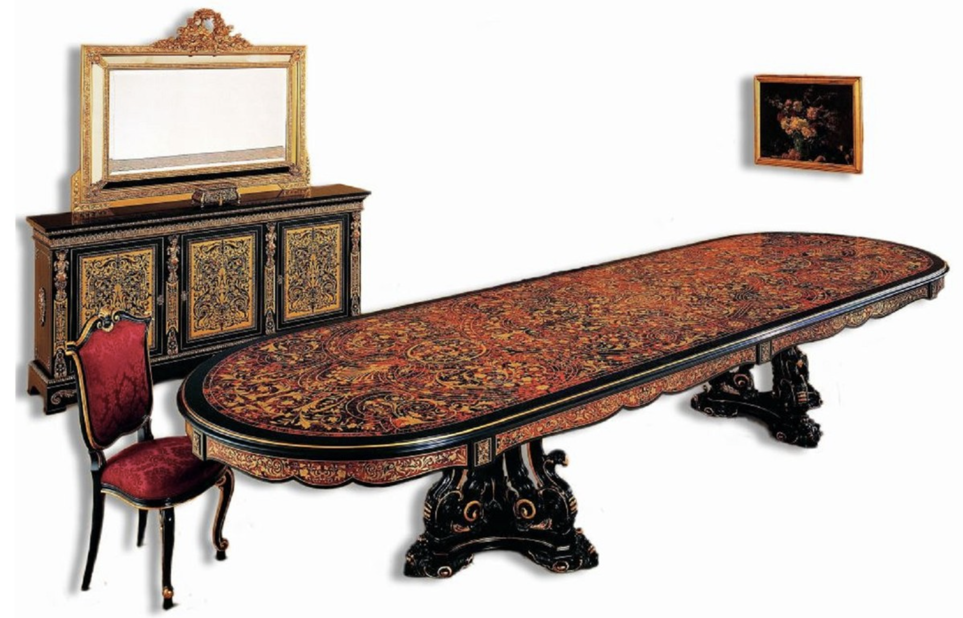 Magnifique table à manger baroque Boull en bois très massif comprenant une chaise, une commode et un miroir en noir, rouge, or du fabricant de luxe Casa Padrino.