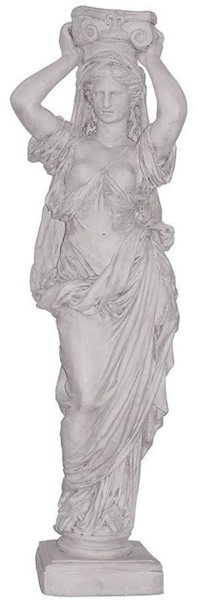 You see a life-size white marble figure of a woman serving as a pillar, standing on a pedestal and holding another pedestal above her head, which can serve as a shelf for a flower vase.