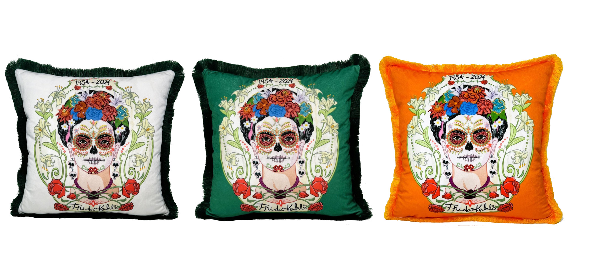 Three colorful pillows with different motifs from the Frida Kahlo by Casa Padrino collection