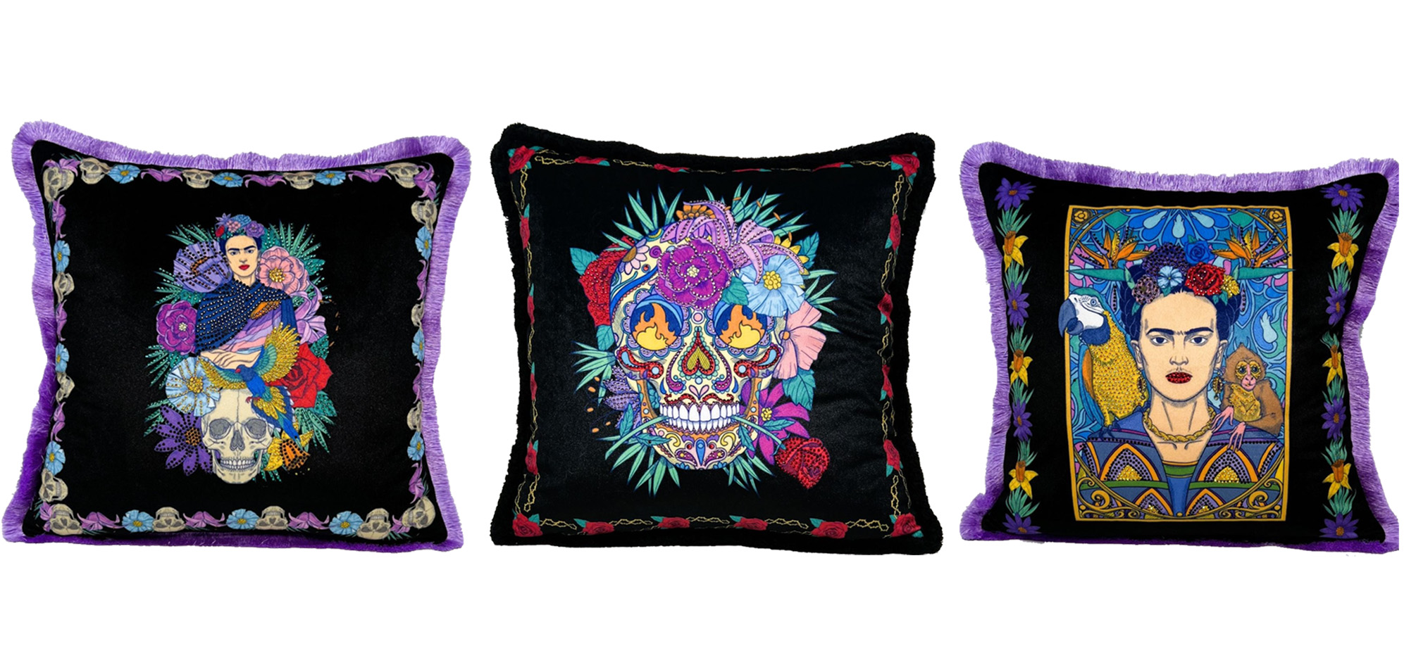 Three darker pillows from the Frida Kahlo by Casa Padrino collection that look very high quality and luxurious.