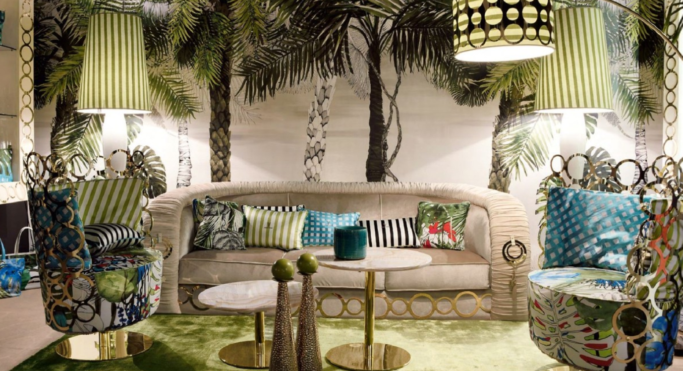 Cream Golden Lounge Sofa perfectly staged in a jungle lobby. A dreamy piece of furniture by Casa Padrino