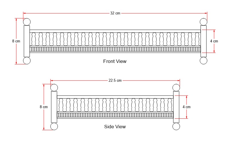 Dessin des éléments latéraux avec dimensions pour les plateaux de service de luxe faits à la main de Casa Padrino.