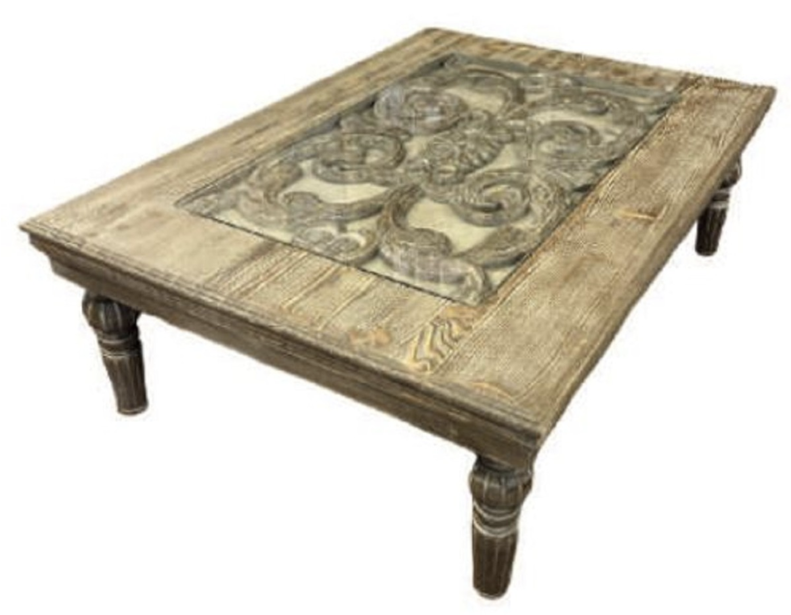 Tavolino esclusivo della collezione Pompöös Provence. Legno massello grigio-marrone con decorazioni artistiche barocche sotto piano in vetro. Simbolo di artigianalità ed eleganza senza tempo.