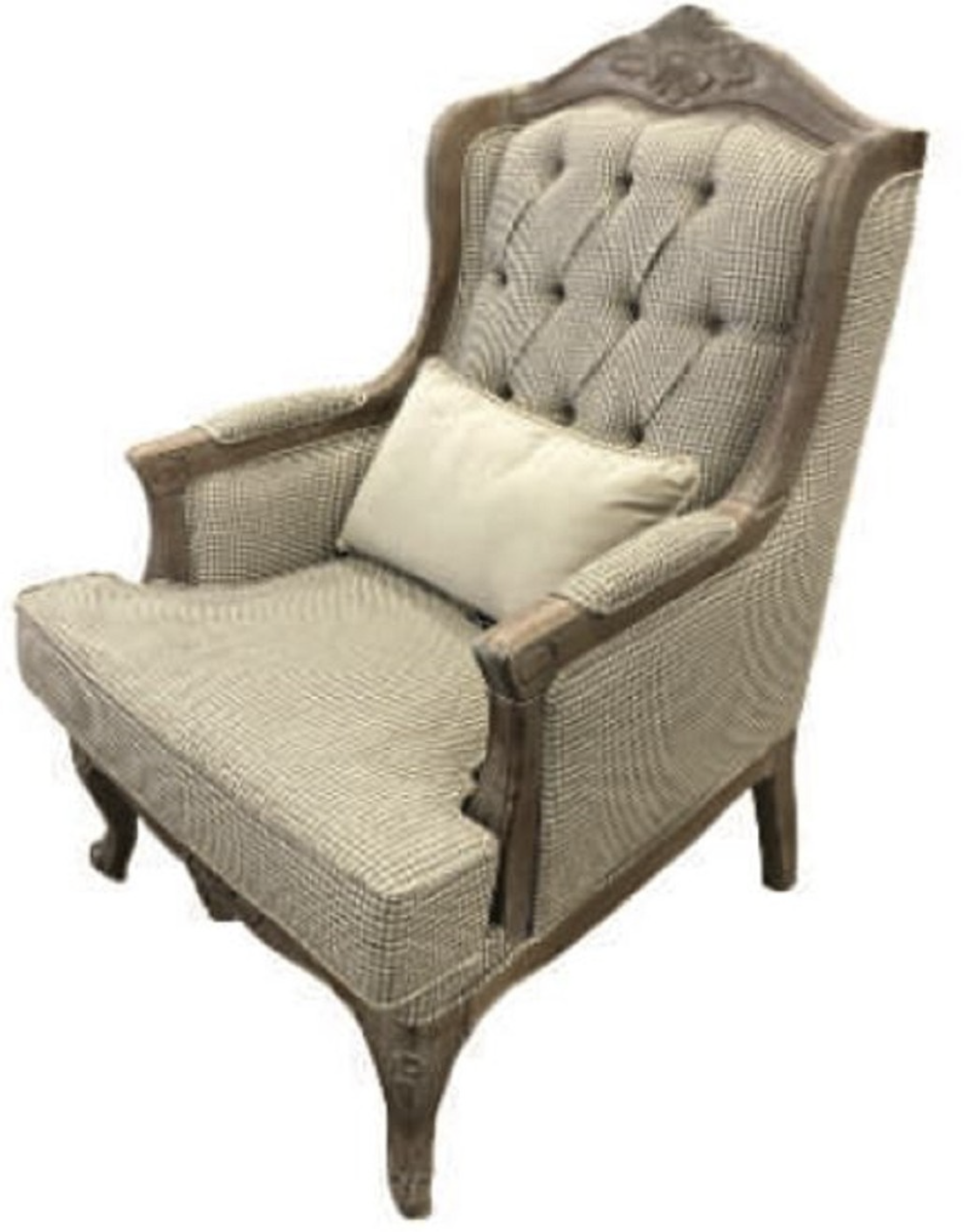 Poltroncina artigianale in beige-marrone della collezione Pompöös Provence. Simbolo di pregevole fattura e comfort senza tempo in stile country.