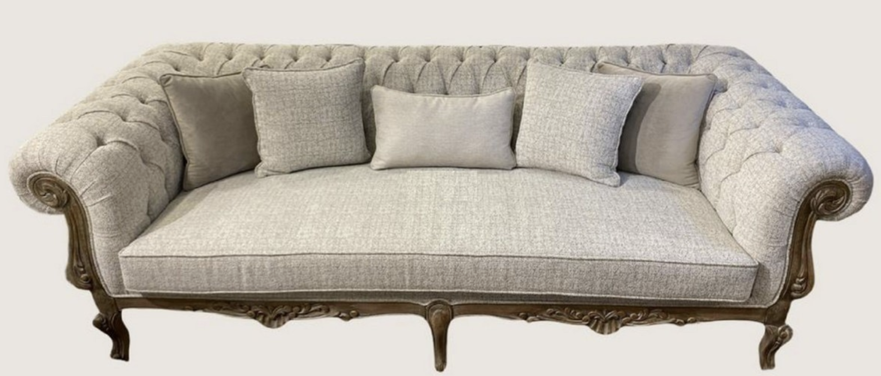 Handmade sofa in grey and brown in baroque country house style, designed by Harald Glööckler. Luxurious design with artistic carvings and elegant upholstery. Perfect for a stylish and cozy living room.