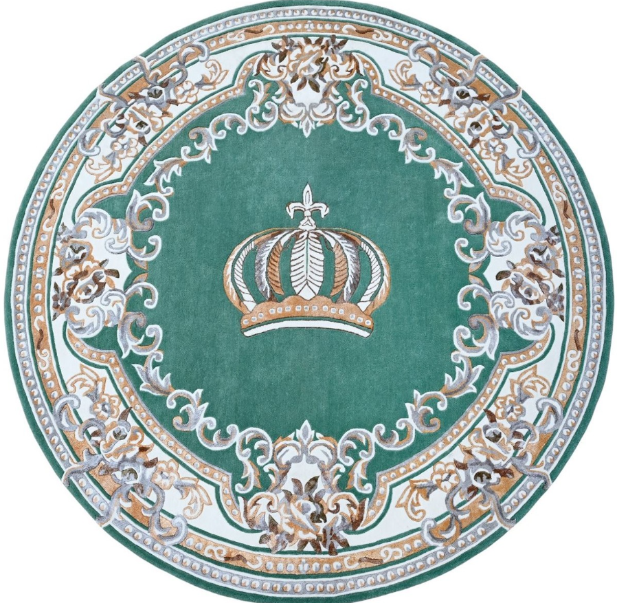 Alfombra redonda tejida a mano en verde, blanco y marrón de la colección Pompöös Provence de Casa Padrino, diseñada por Harald Glööckler, con corona y adornos barrocos. Fabricada 100% con lana de alta calidad, esta alfombra combina comodidad lujosa y elegancia real.