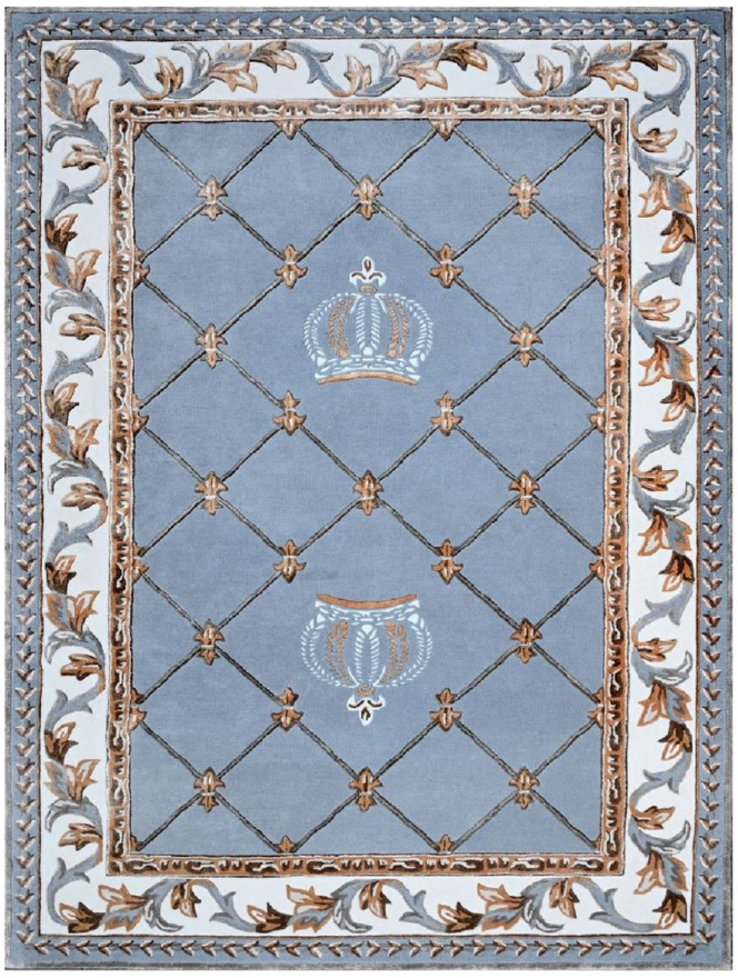 Tapis bleu de la collection Pompöös Provence de Casa Padrino, conçu par Harald Glööckler, avec deux couronnes, un élégant motif en losanges, des cadres dorés et des décorations ornées. Tissé à la main à partir de laine 100 % de haute qualité, ce tapis allie splendeur royale et élégance intemporelle.