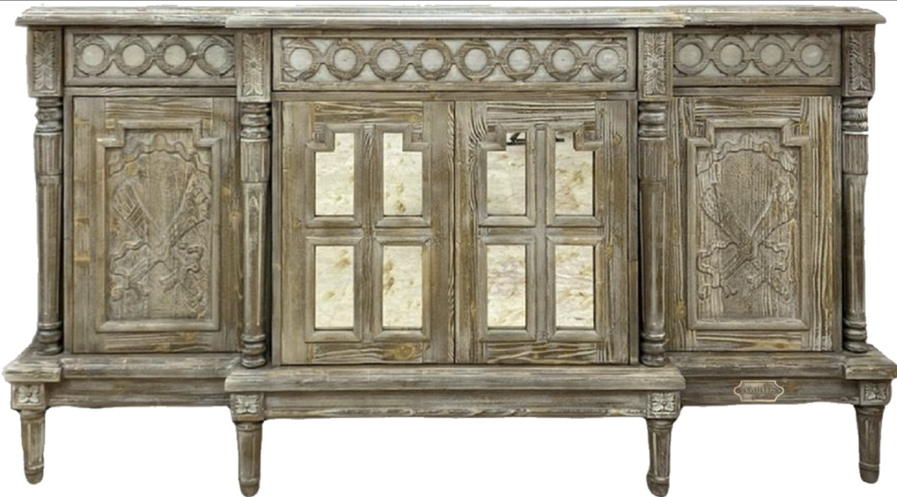 Handcrafted sideboard made of solid wood in antique grey with metal handles. Protruding central area with two doors with windows, flanked by two solid wood doors in country house style. Very elegantly crafted and a highlight of any interior.