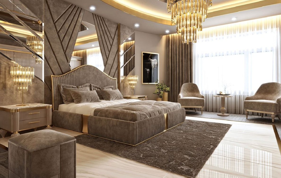 Habitación de hotel de lujo muy elegante amueblada con una hermosa cama doble en oro gris de Casa Padrino