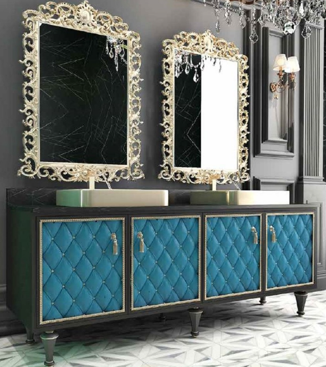 Elegant double vanity with chest of drawers and two baroque mirrors in a beautiful royal blue by Casa Padrino.