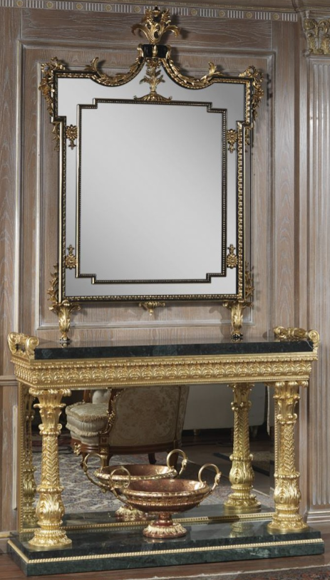 Ensemble de luxe de haute qualité composé d'un miroir baroque glamour sculpté à la main et d'une console avec plateau en marbre Emperador, parfait pour les hôtels de luxe de Casa Padrino.