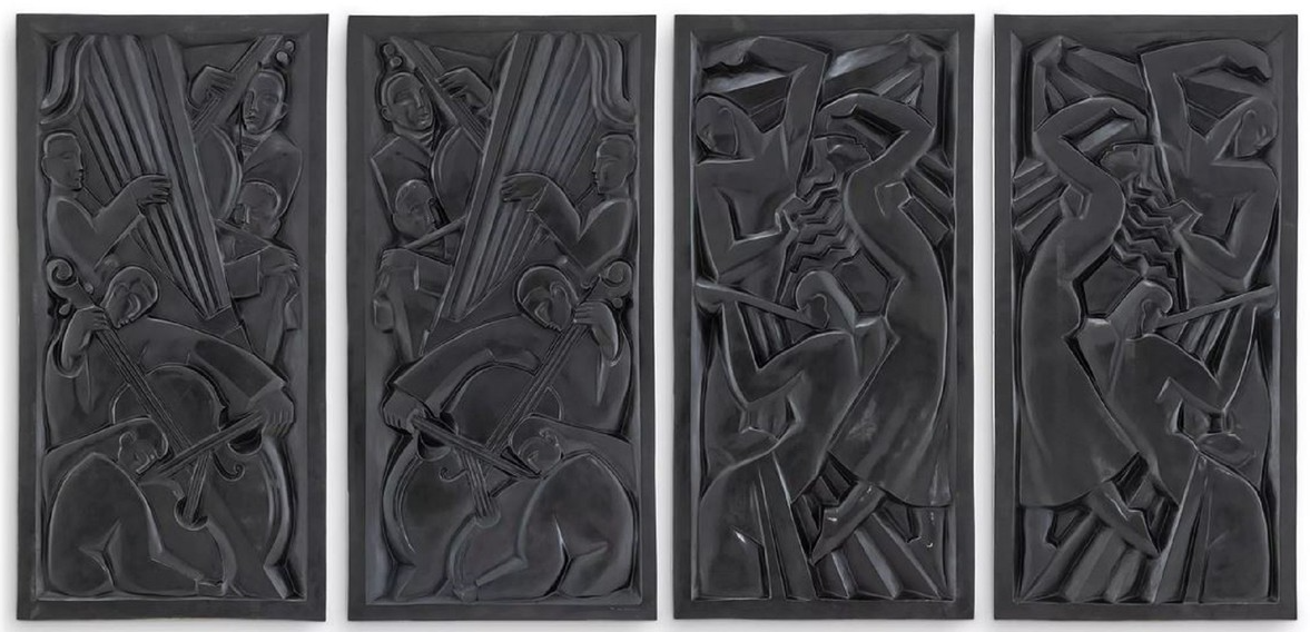 Relief mural en bronze noir représentant des joueurs de violon et de harpe, très luxueux de la maison Casa Padrino