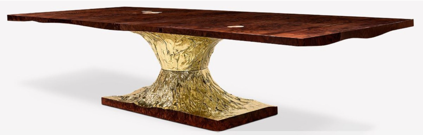 A hotel restaurant dining table in pure luxury, a high-quality walnut table top on a gold-plated brass base in the shape of a root. This luxury table is offered to you by Casa-Padrino