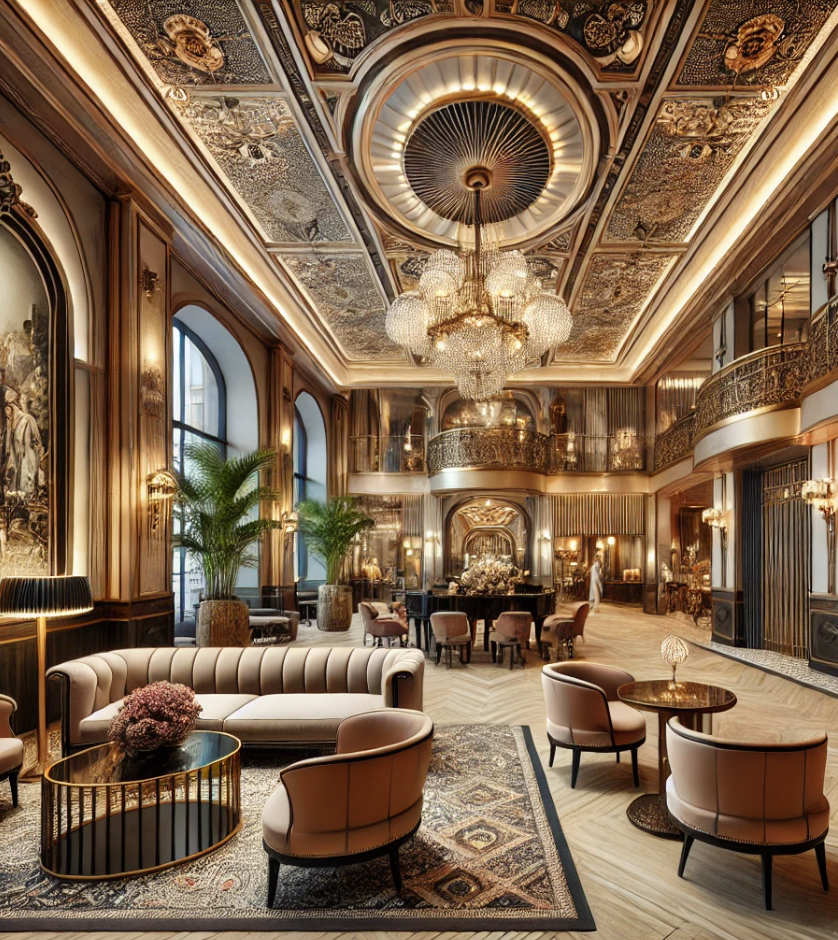 A lobby in Art Nouveau and Baroque style, with elegant armchairs and sofas, opulent tables and ornate decorations that create a magnificent atmosphere.