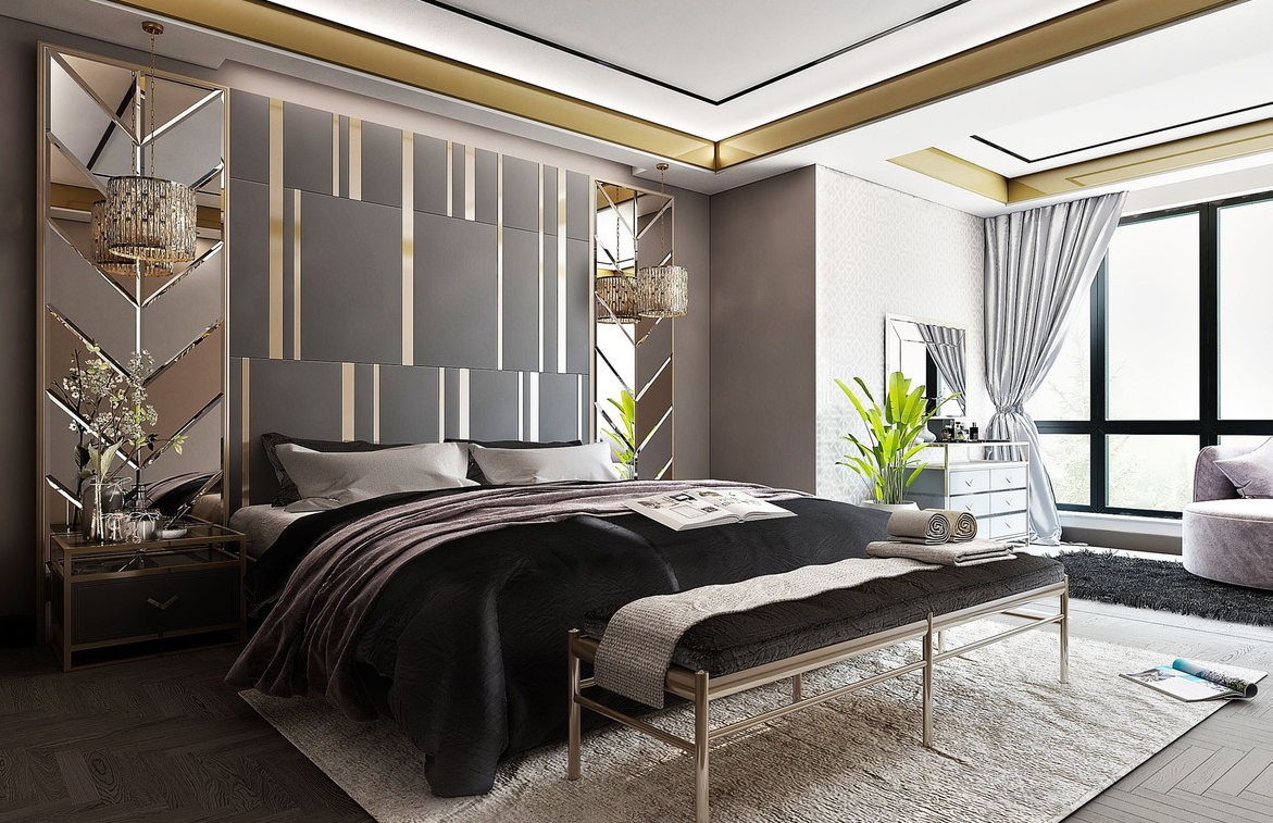 Elegantes Hotelzimmer in Gold Silber Schwarz voll ausgestattet von Casa Padrino.