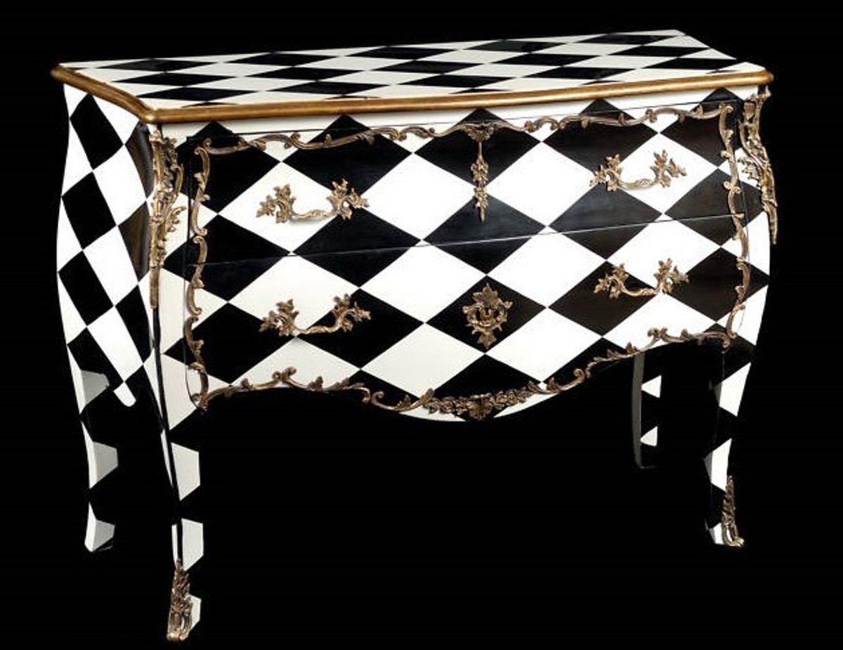 4251760307847 - Barock Kommode Schwarz   WeiÃ Karo mit goldenen Metall Applikationen
