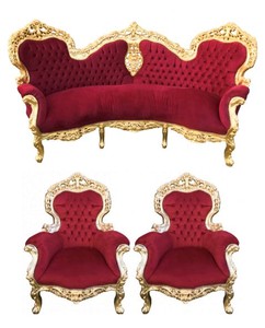 4251287794618 - Barock Sofa Garnitur Bordeaux Gold + 2 Sessel - Wohnzimmer Barock - Limited Edition
