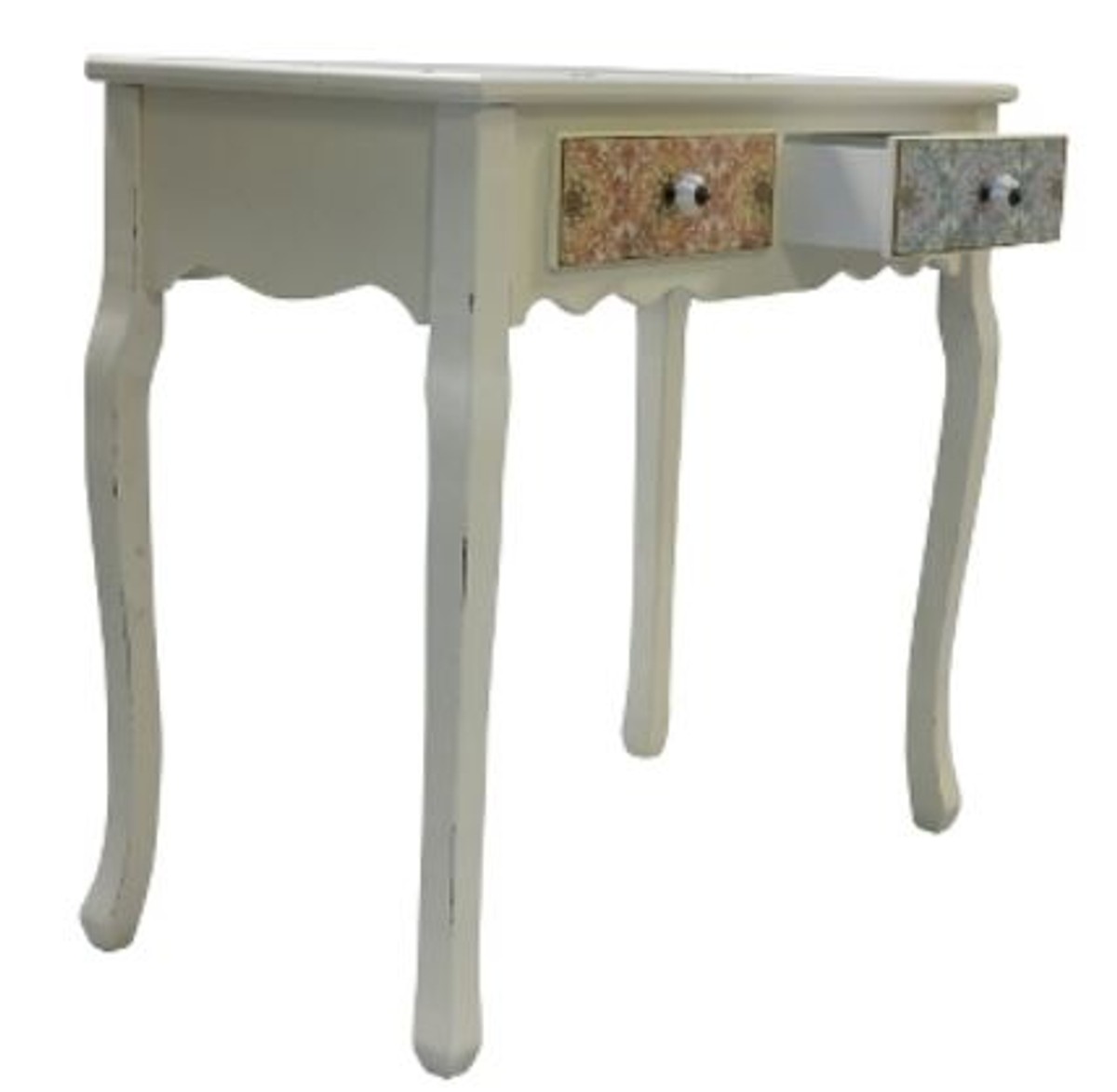 Casa Padrino Landhausstil Konsole Antik Weiß / Naturfarben 85 x 37 x H. 77  cm - Handgefertigter Shabby Chic Konsolentisch mit 2 Schubladen