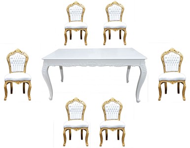 4251549320067 - Barock Esszimmer Set Weià Gold - Esstisch + 6 Stühle ohne Armlehnen 4251549320067 - Barock Esszimmer Set Weià Gold - Esstisch + 6 Stühle ohne Armlehnen