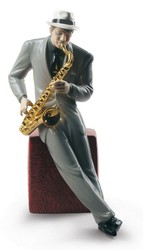 4251549320142 - Porzellan Skulptur Jazz Saxophonist Mehrfarbig 23 x H 29 cm - Hangefertigte & Handbemalte Luxus Deko Figur