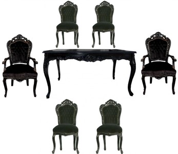 4251549320333 - Barock Esszimmer Set Schwarz Schwarz - Esstisch + 6 StÃ¼hle