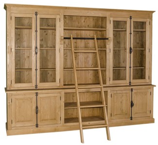 4251549325741 - Landhausstil BÃ¼cherschrank mit Leiter Naturfarben 300 x 50 x H 230 cm - Landhausstil MÃ¶bel