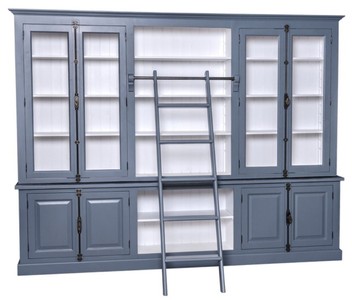 4251549325758 - Landhausstil BÃ¼cherschrank mit Leiter Blau   WeiÃ 300 x 50 x H 230 cm - Landhausstil MÃ¶bel