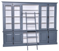 4251549325758 - Landhausstil BÃ¼cherschrank mit Leiter Blau   WeiÃ 300 x 50 x H 230 cm - Landhausstil MÃ¶bel